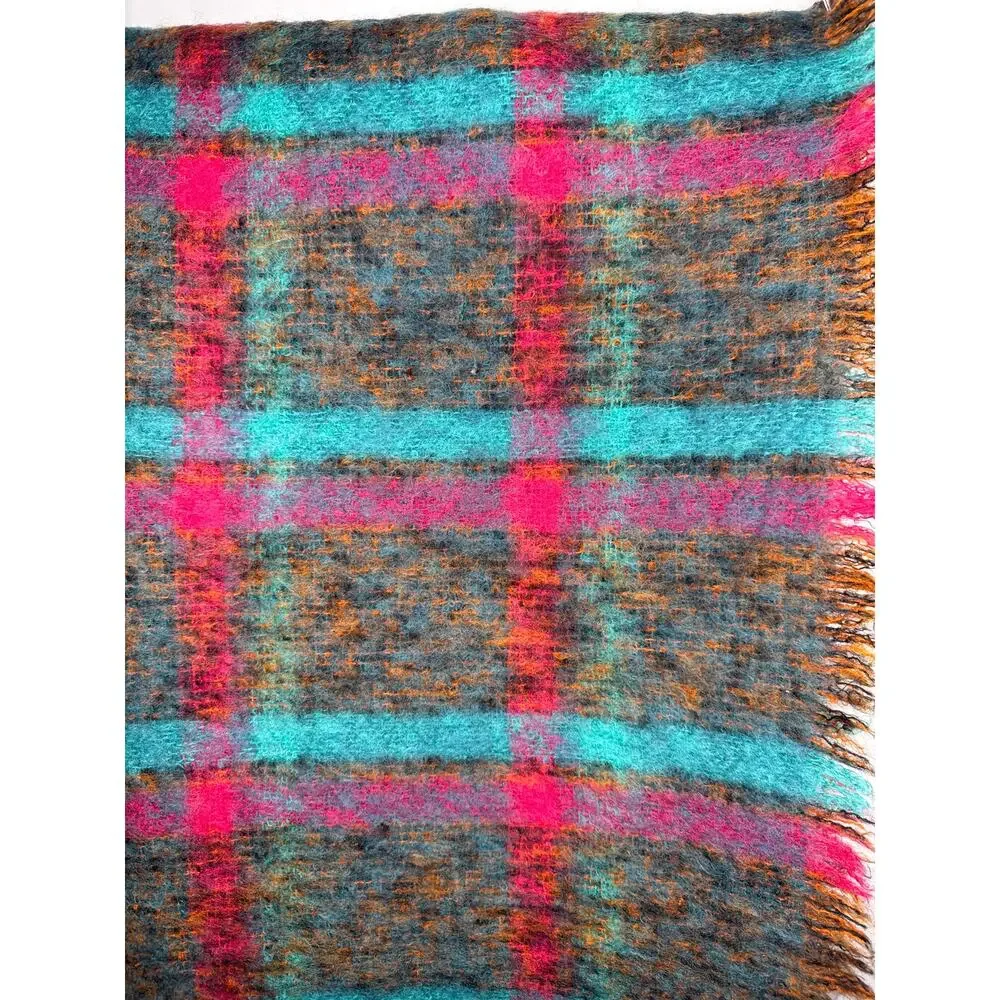 1980s Donegal Design Hand Woven Mohair Wool Plaid Scarf Ireland 60x70
